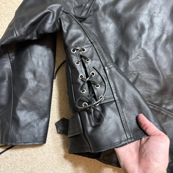 Leather Motorcycle Jacket Mens 44 Black Belted Side Lace Biker Zip Pockets - Picture 15 of 16